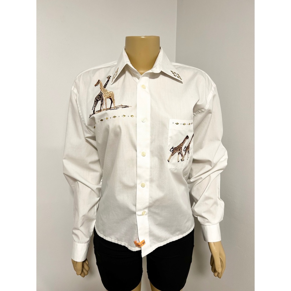 Marquis Vintage White Giraffe Embroidered Studded Button Down Shirt Small